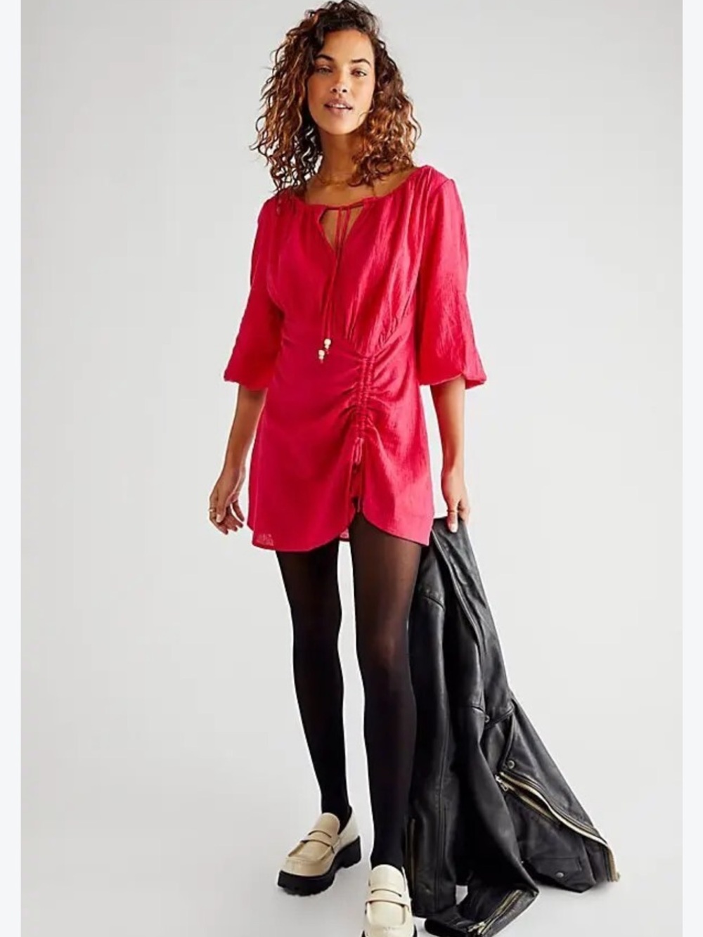 Free People Port Sunlight Linen Blend Mini Dress Berry Combo A-line Sz MED